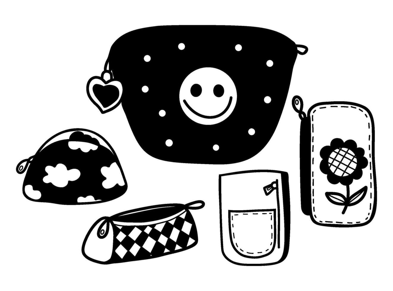 Collection of bags, cosmetic bags, school pencil cases and wallet in doodle style. illustration. Isolated hand drawings vector