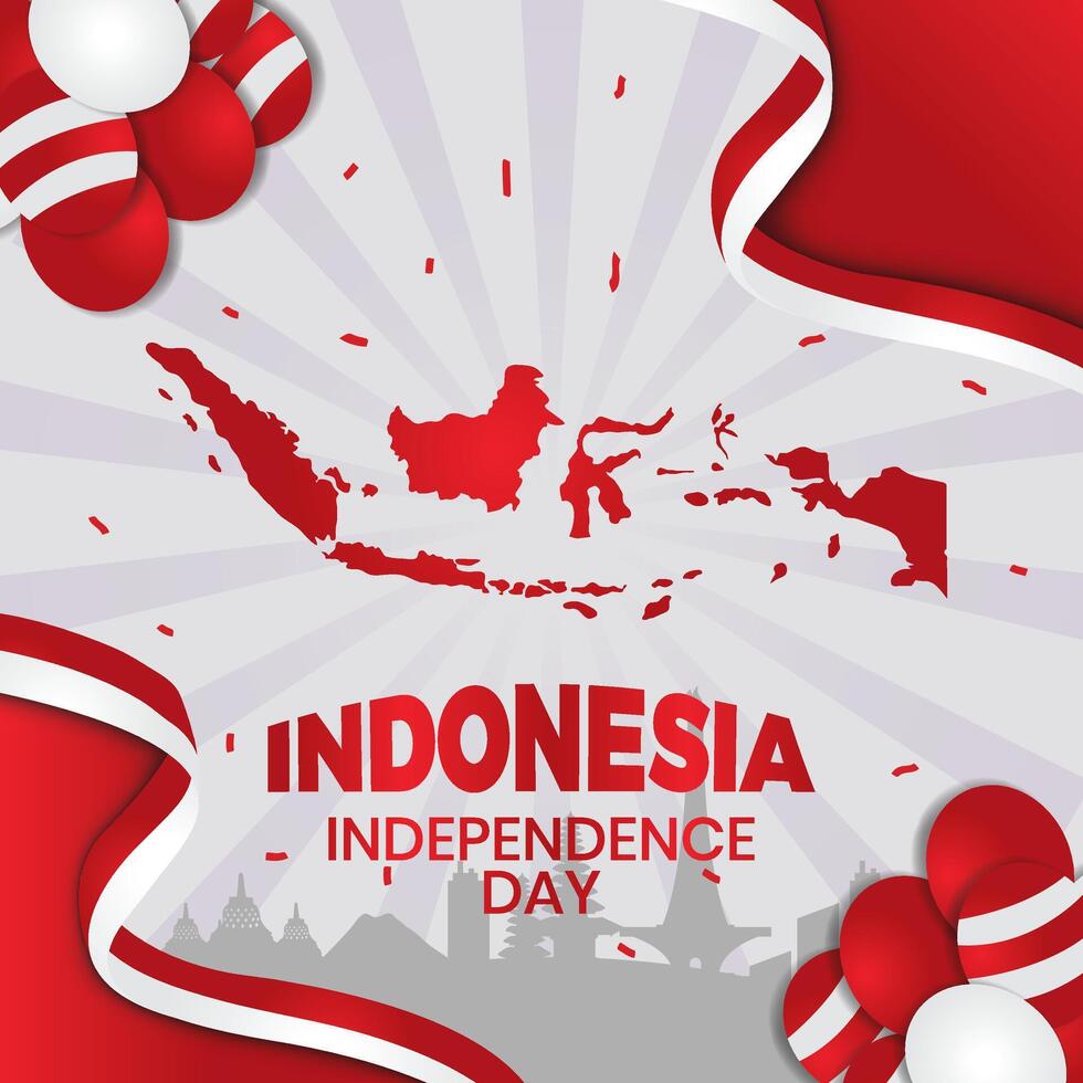 Indonesian Independence Day Social Media Post with Map, Balloons, and Silhouette Background vector