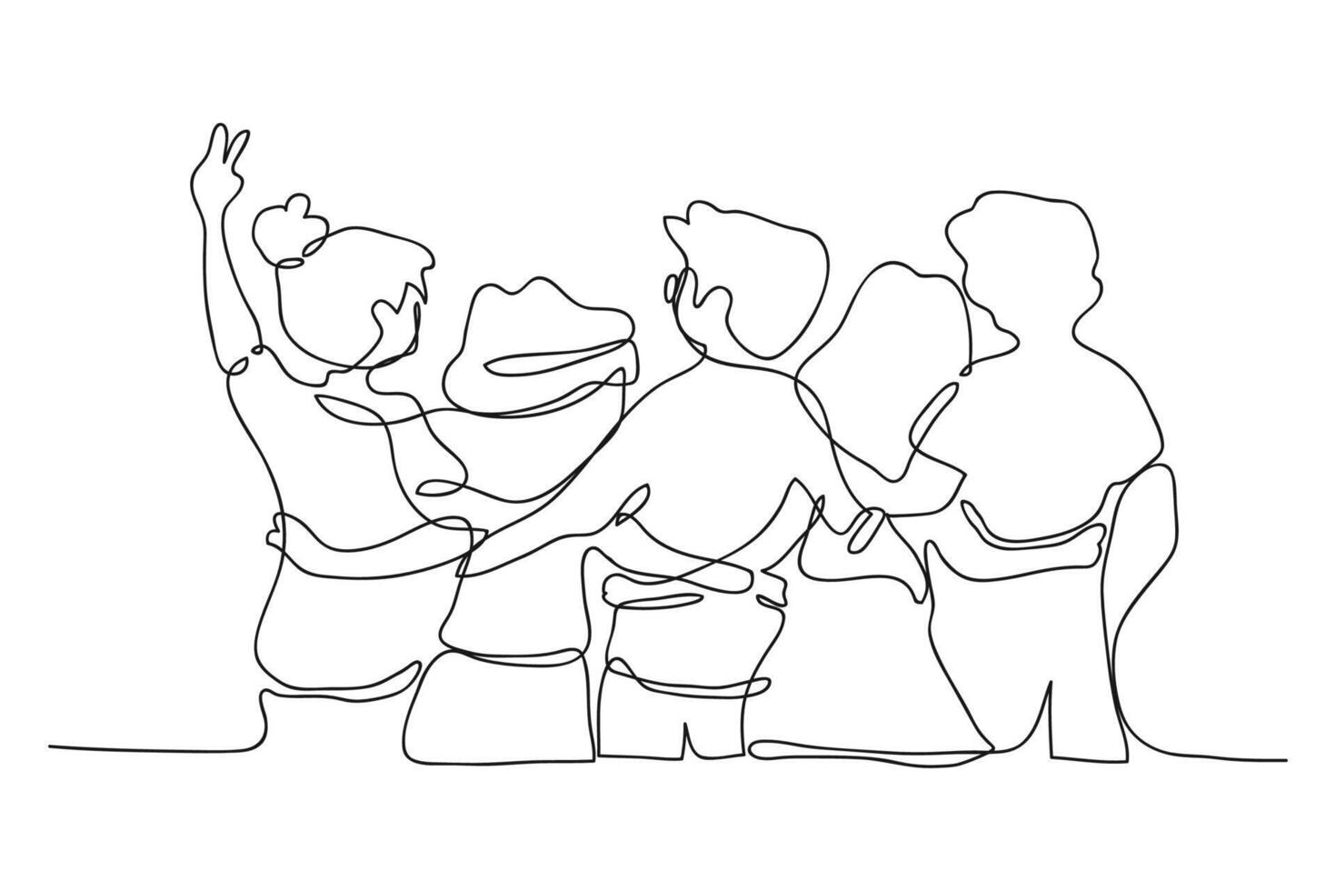Single continuous line drawing about group of men and woman from multi ethnic standing and hugging together to show their unity bonding. Friendship vector