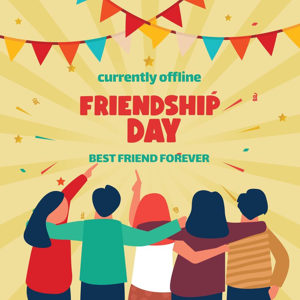 Happy friendship day card of friend group on yellow background and flags. Flat design. illustration vector