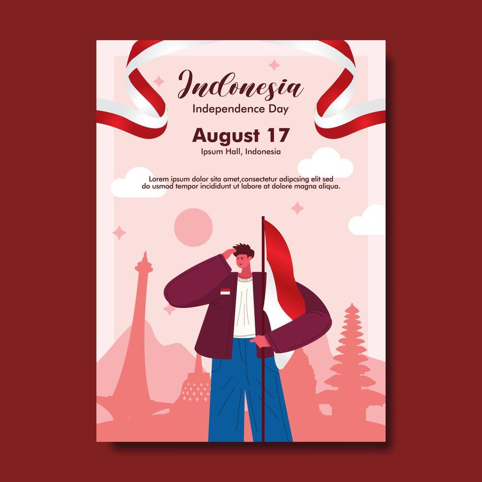 Flat Indonesia Independence Day Vertical Poster with man saluting and holding flag vector