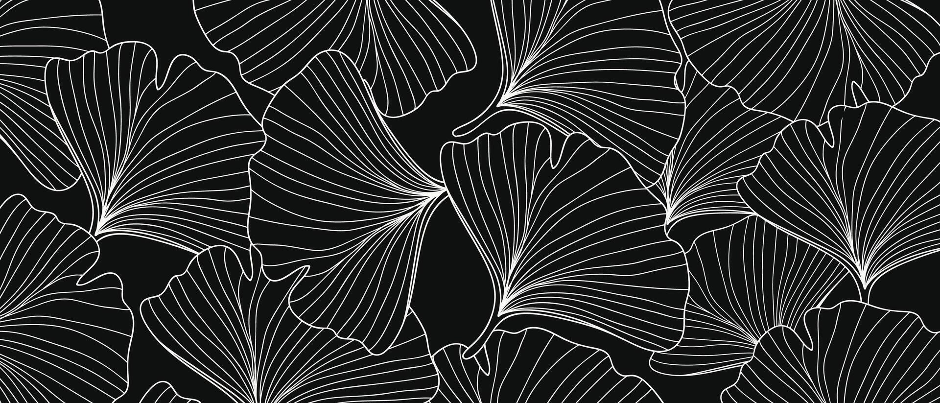Abstract foliage line art background. Leaf wallpaper of tropical leaves, ginkgo leaf, plants in hand drawn pattern on black background. illustration vector