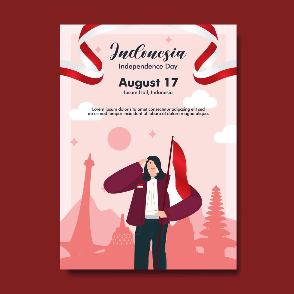 Flat Indonesia Independence Day Vertical Poster with woman saluting and holding flag vector