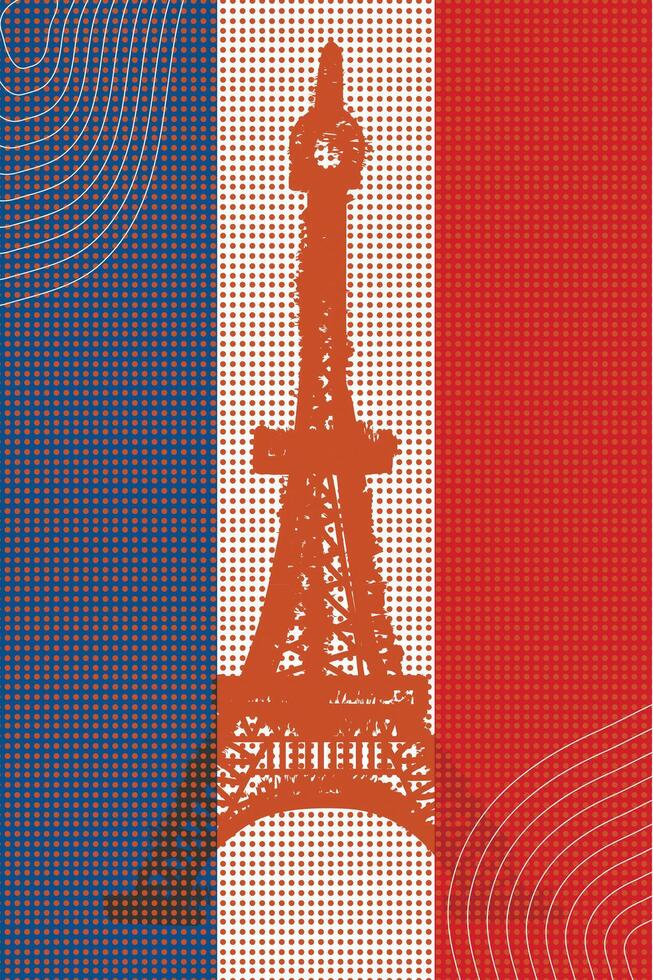A vintage-style abstract illustration of the Eiffel Tower overlaid on the France flag . Vertical vintage hand drawn touristic postcard, poster. vector