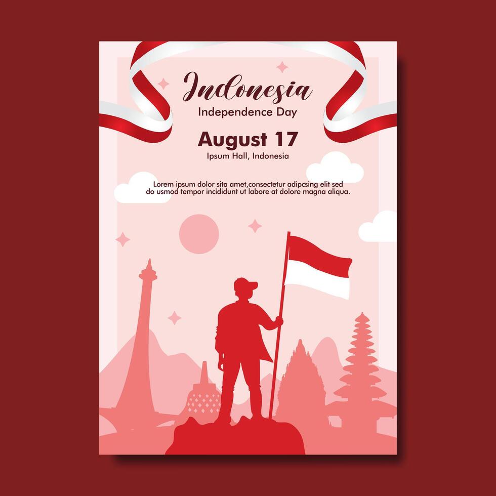 Flat Indonesia Independence Day Vertical Poster with Silhouette Holding Flag vector