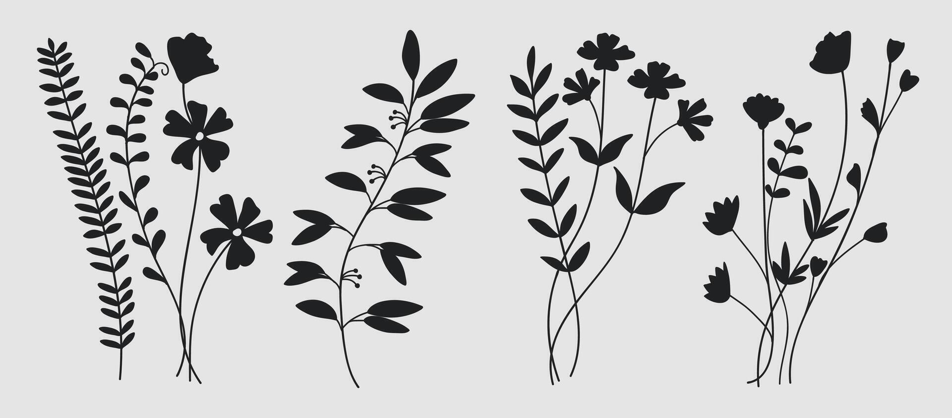 Wildflower slhouette bouquets set. vector