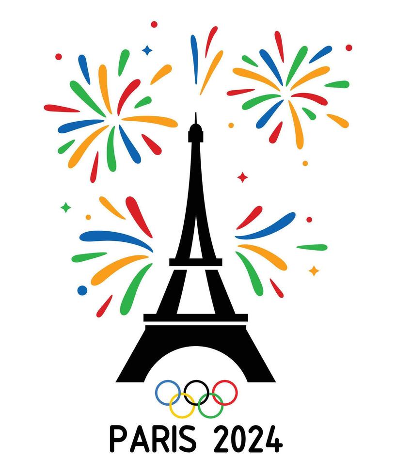 Silhouette Eiffel Tower with Fireworks Celebration for Olympic Paris 2024 vector