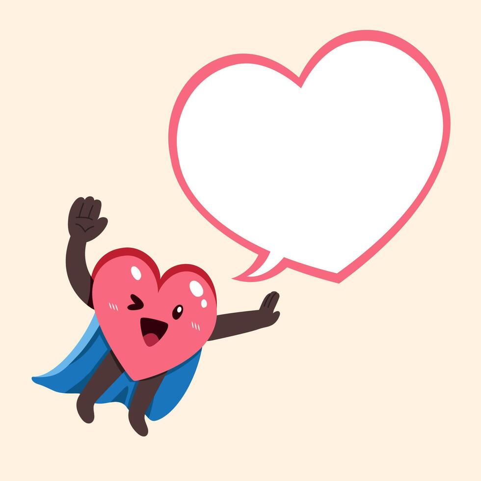 cartoon heart character with superhero cape and speech bubble vector