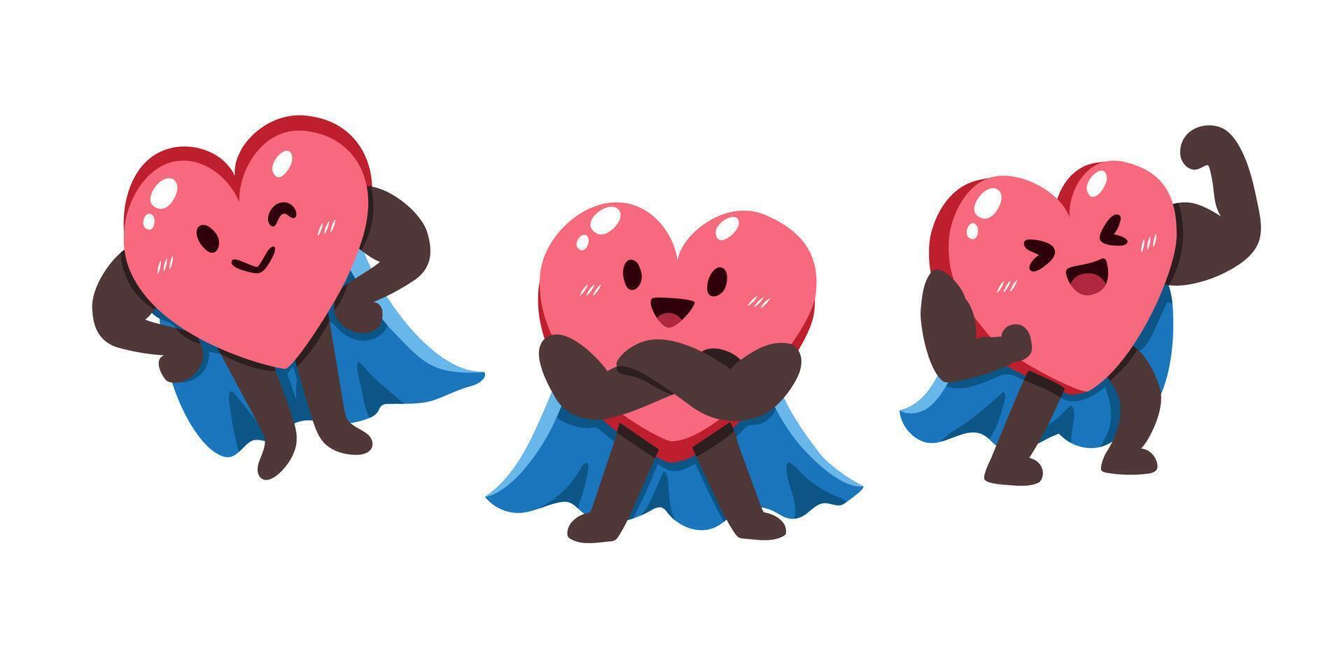 Set of healthy cartoon heart character with superhero cape vector