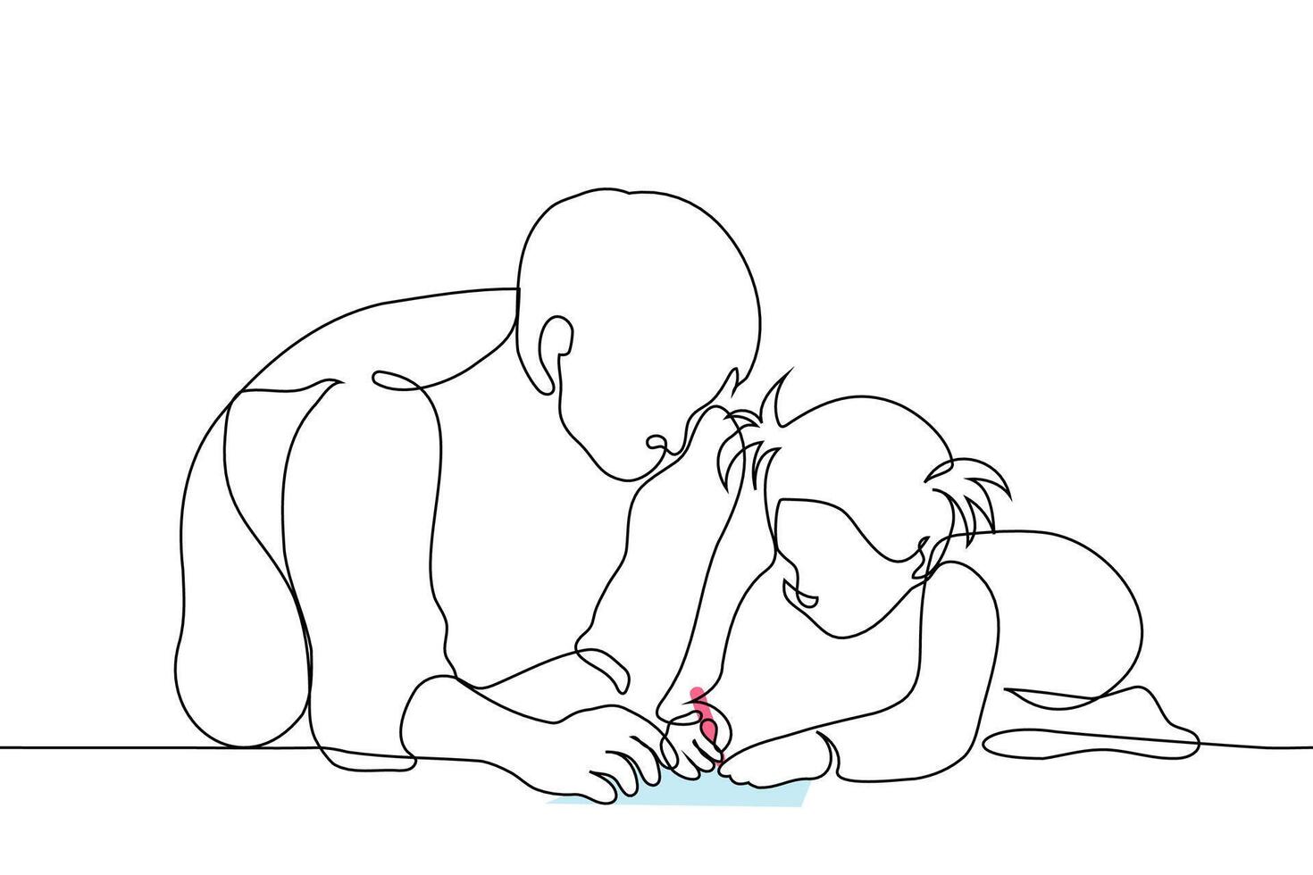 father with a little daughter who is drawing, both of them on the floor - one line art . concept of loving father with daughter, male nanny, babysitter, older brother vector