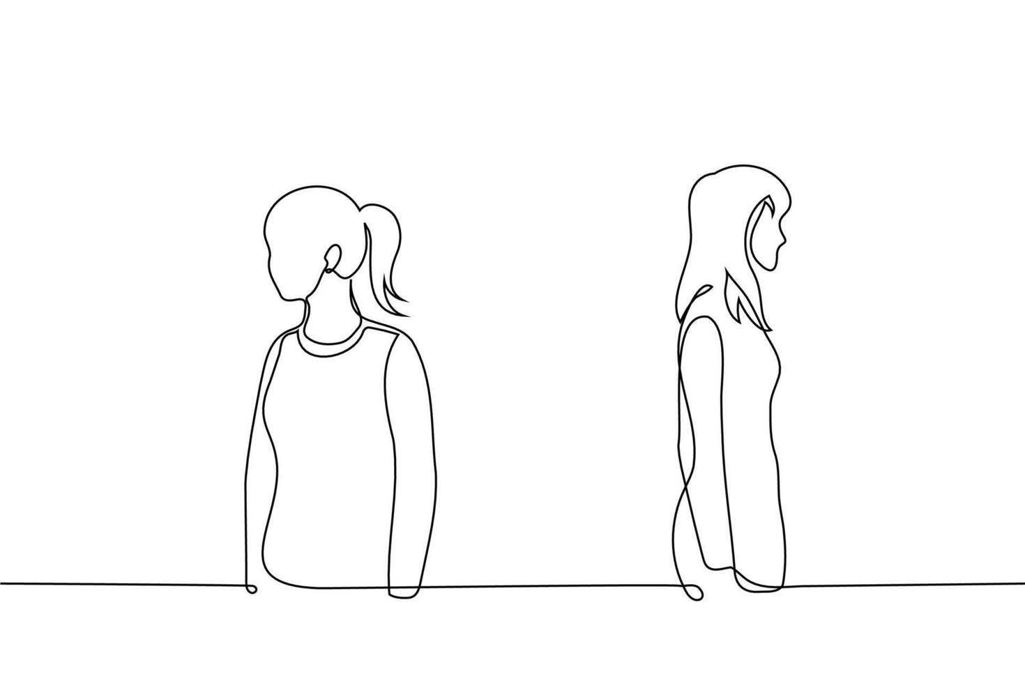 women standing separately with their backs to each other - one line art . concept female strangers, female friends or lesbian couple in a quarrel vector