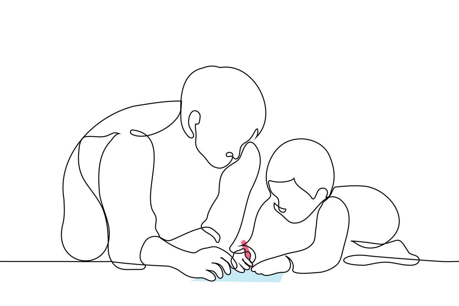 father with his little son who is drawing, both of them on the floor - one line art . concept of loving father with son, male nanny, babysitter, older brother vector