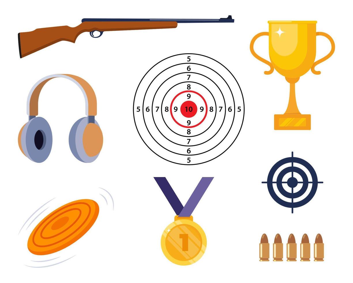 Shooting club and range weapons and accessories, flat isolated illustration. Target, rifle, bullets, headphones, gold cup, medal. . vector