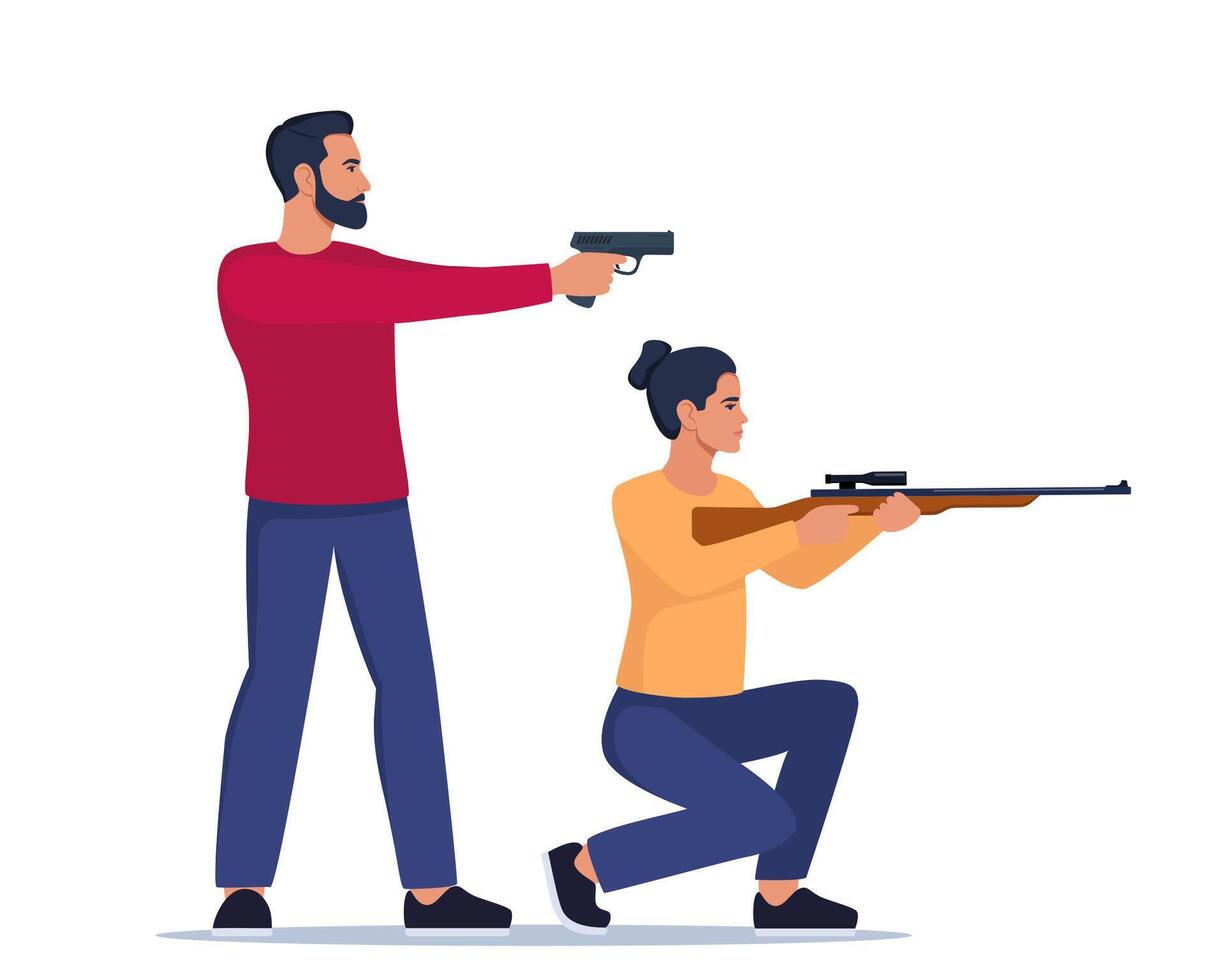 Sport shooting. Aiming woman with rifle and man with pistol. Outdoor hobby, shooting. Shooters defends property. Military outdoor skills. . vector
