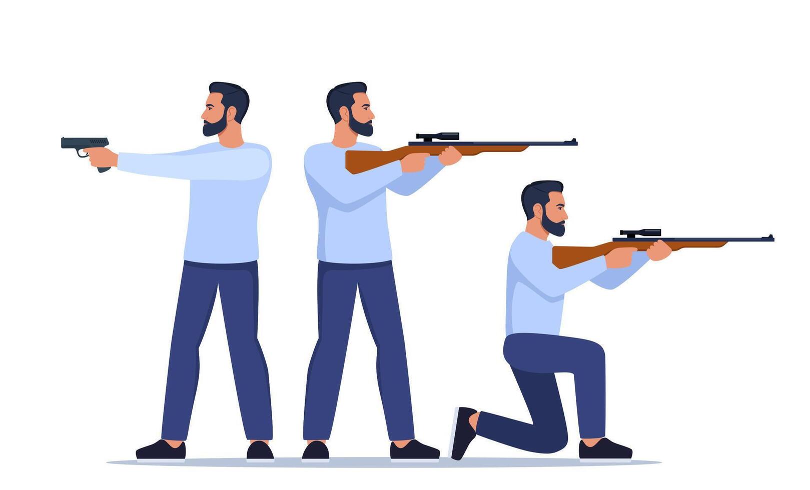 Sport shooting. Aiming man with rifle and pistol in different poses. Outdoor hobby, shooting. Man shooter defends property. Military outdoor skills. . vector