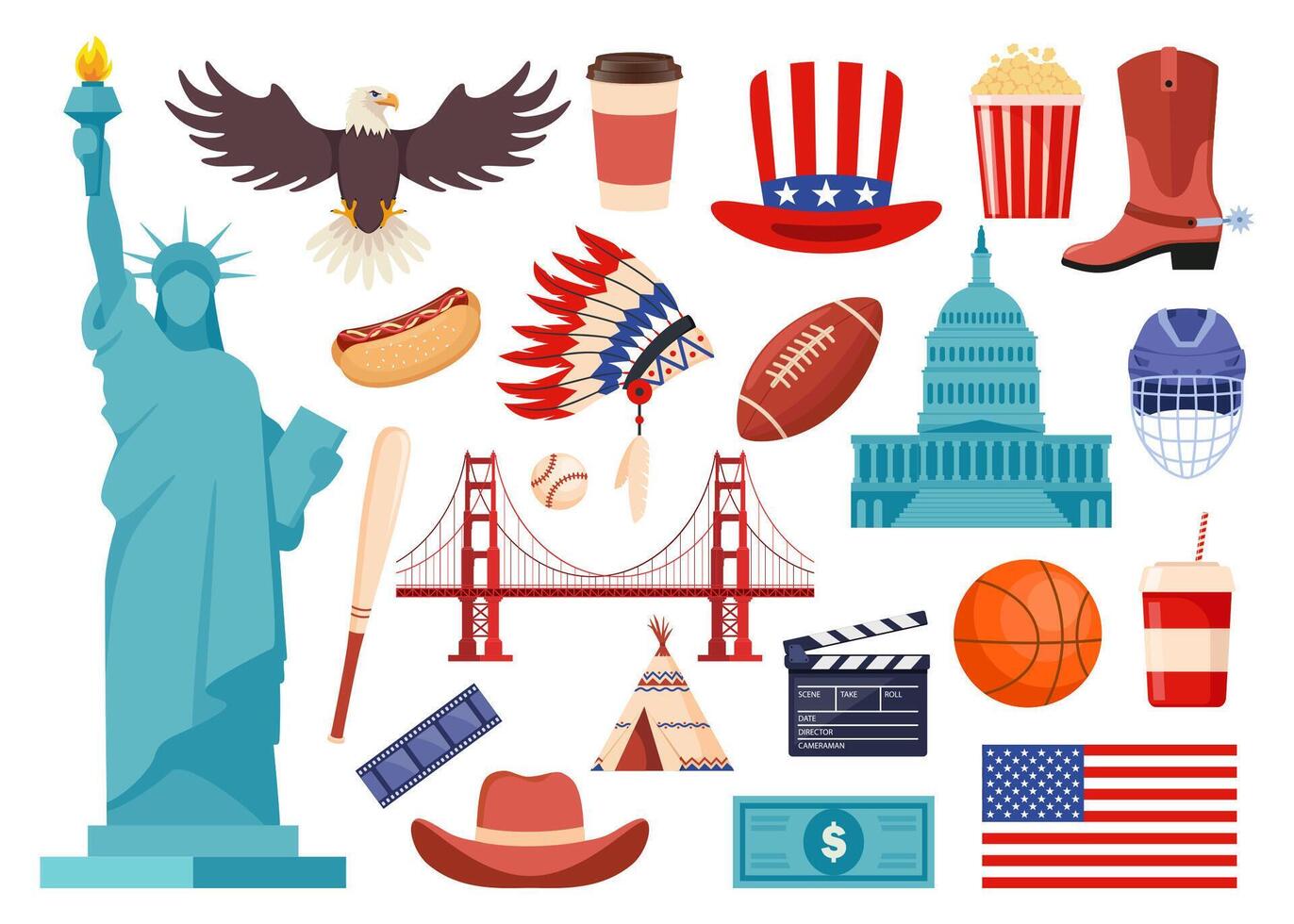 USA culture symbol set. Travel USA direction concept. American culture and history icons. . vector