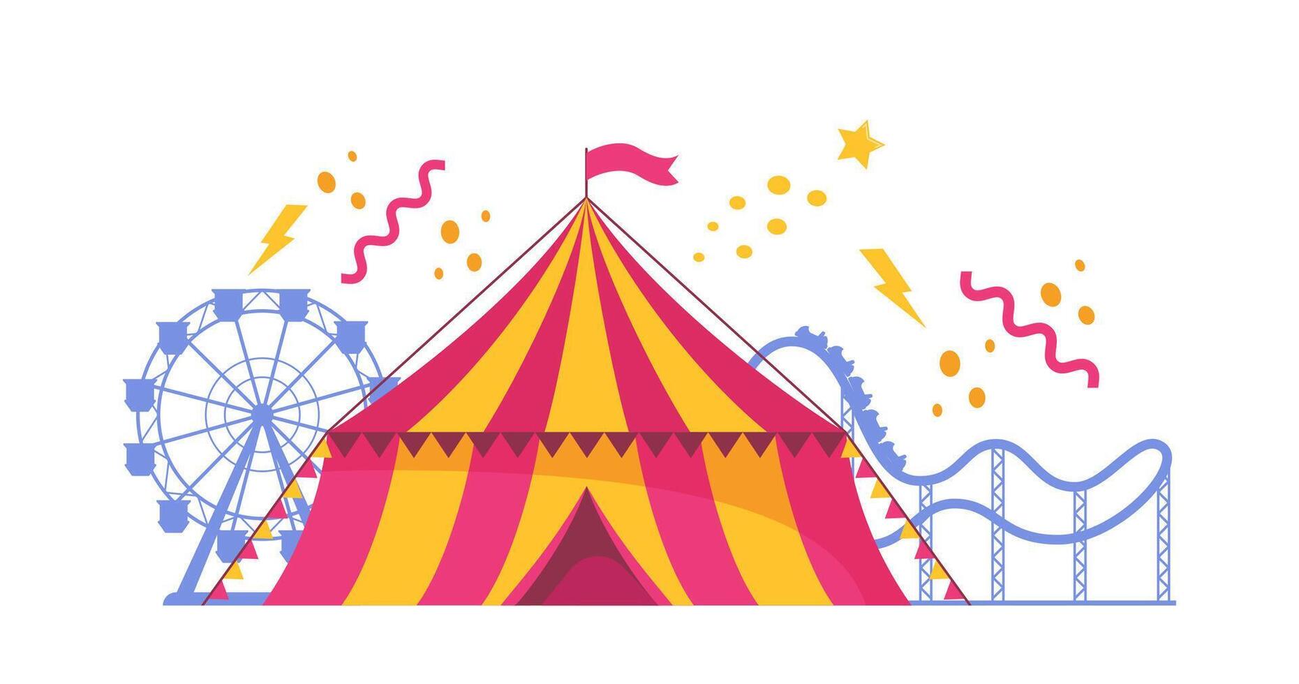 Amusement park composition with outdoor scenery and view of circus, rollercoaster and ferris wheel. Carnival party. illustration. vector