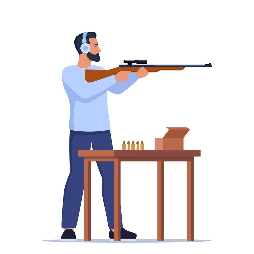 Focused Man Practicing Shooting Skills At Indoor Range. Male Character In Ear Protection Stands Confidently, Aiming A Rifle. illustration. vector