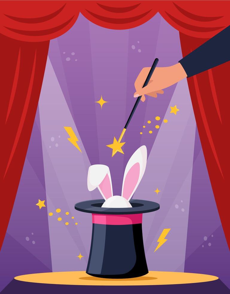 Magic hat with bunny ears. Magician hat with rabbit. Circus show, abracadabra wand in magicians hand. Magic rabbit in hat, bunny trick. illustration. vector