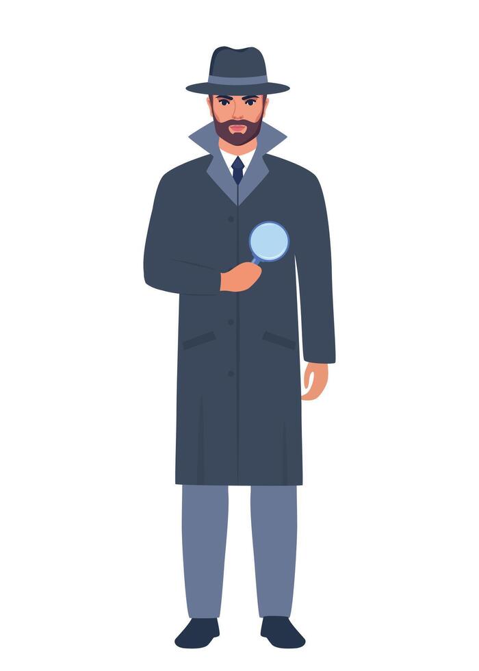 Private detective in gray hat and coat. Handsome man character with magnifying glass. illustration isolated on white background. vector