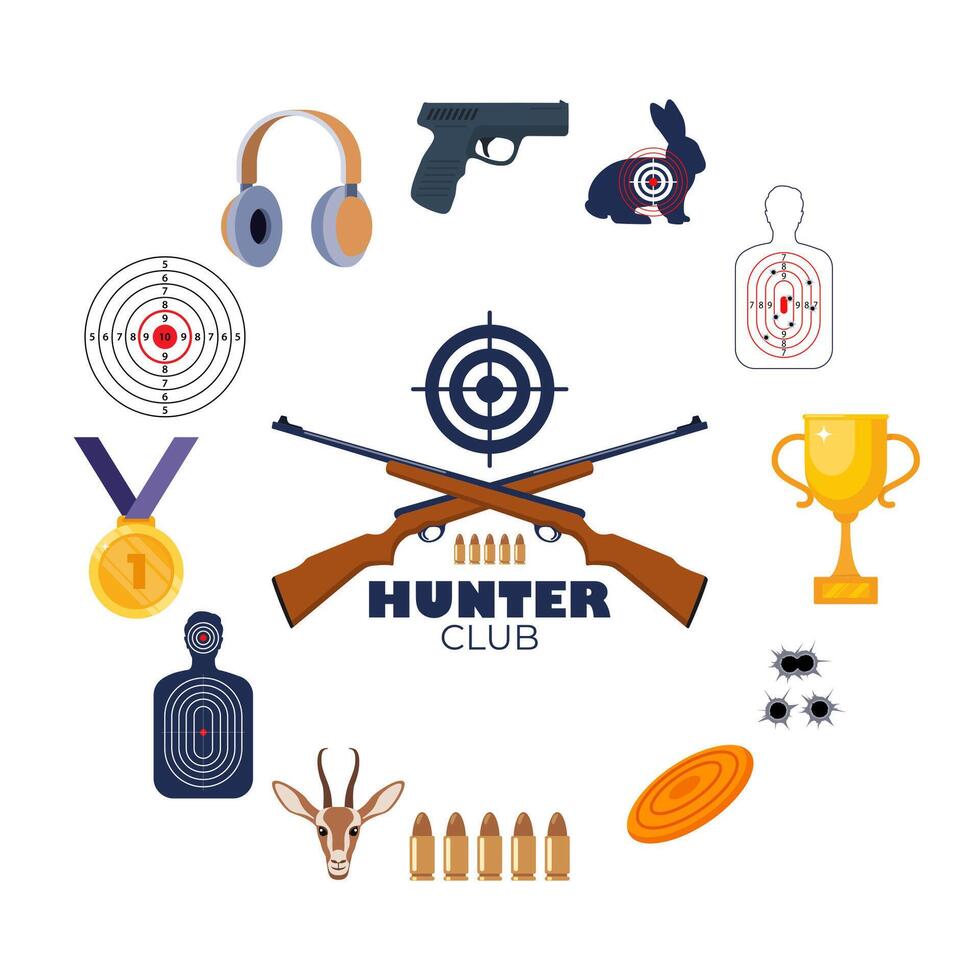 Hunting club emblem logo with crossed rifles. Shooting accessories around. Target, rifle, bullets, headphones, gold cup, medal, shooting clay. . vector