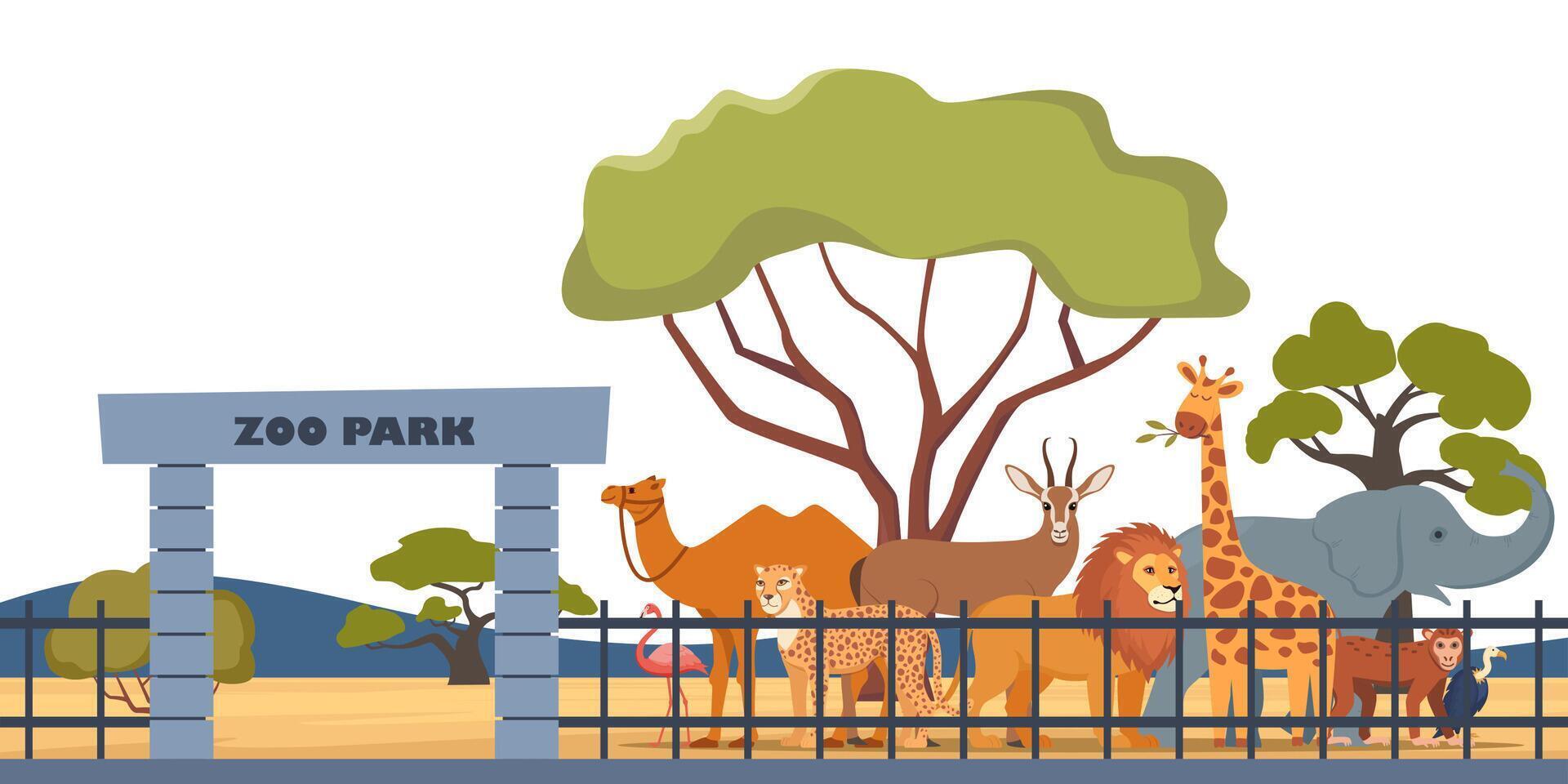 Zoo entrance gate and exotic African animals. Elephant, giraffe, camel, cheetah, lion, flamingo, vulture, monkey on territory of wildlife zoo park surrounded by fence. illustration. vector