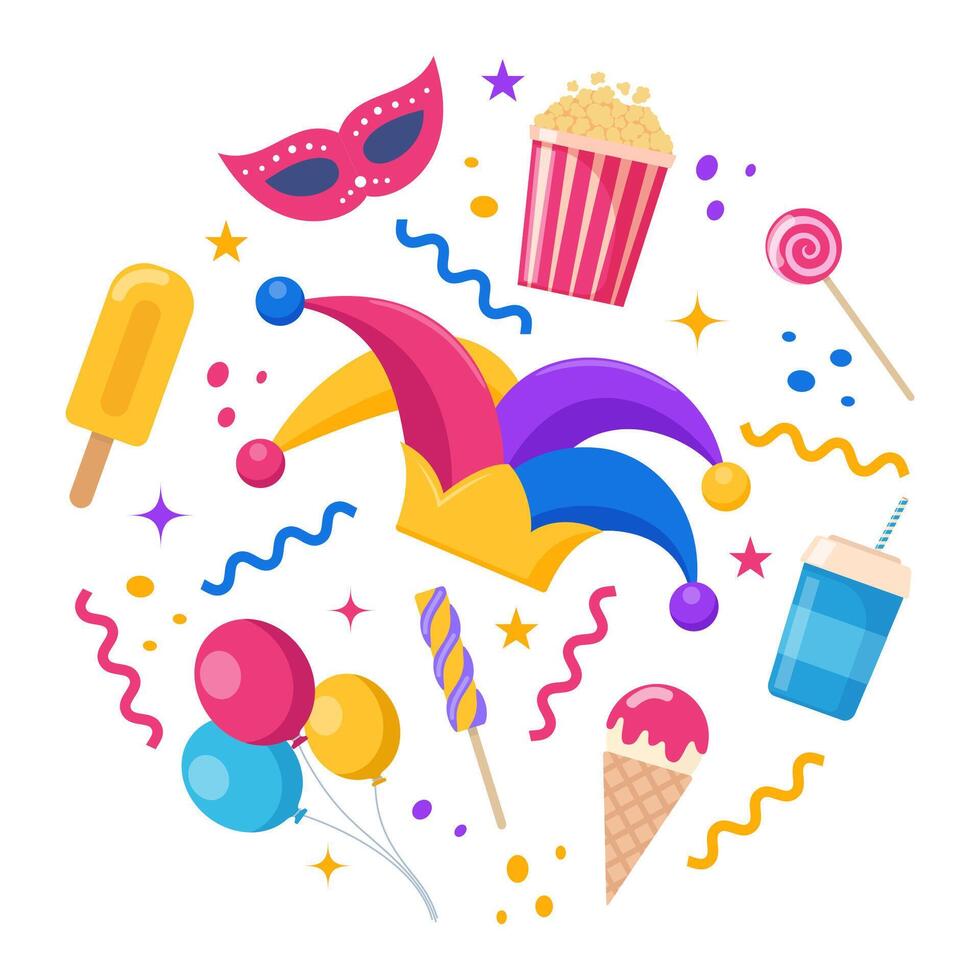 Circled and colored confetti, balloons, ribbons, jester hat, mask and other party elements. Ice cream, popcorn, lollipops. . vector