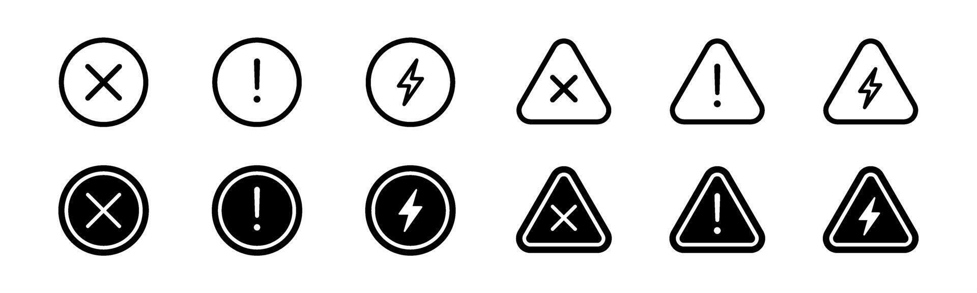 Error in circle and triangle. Line and glyph alert sign. Warning sign collection vector