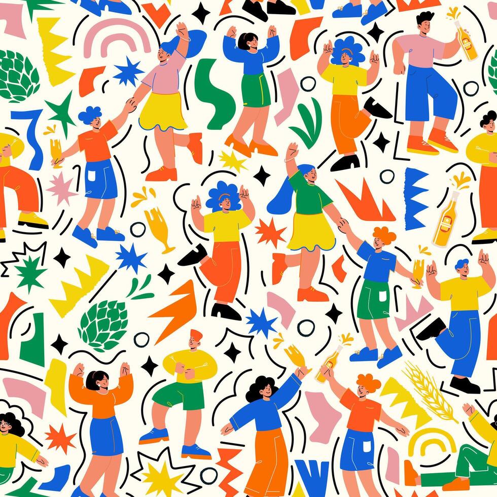 Seamless pattern for Festivals. Bright, modern design with dancing people in doodle style. Perfect for wraps, wallpapers, backgrounds, music, summer, food and October festivals. vector