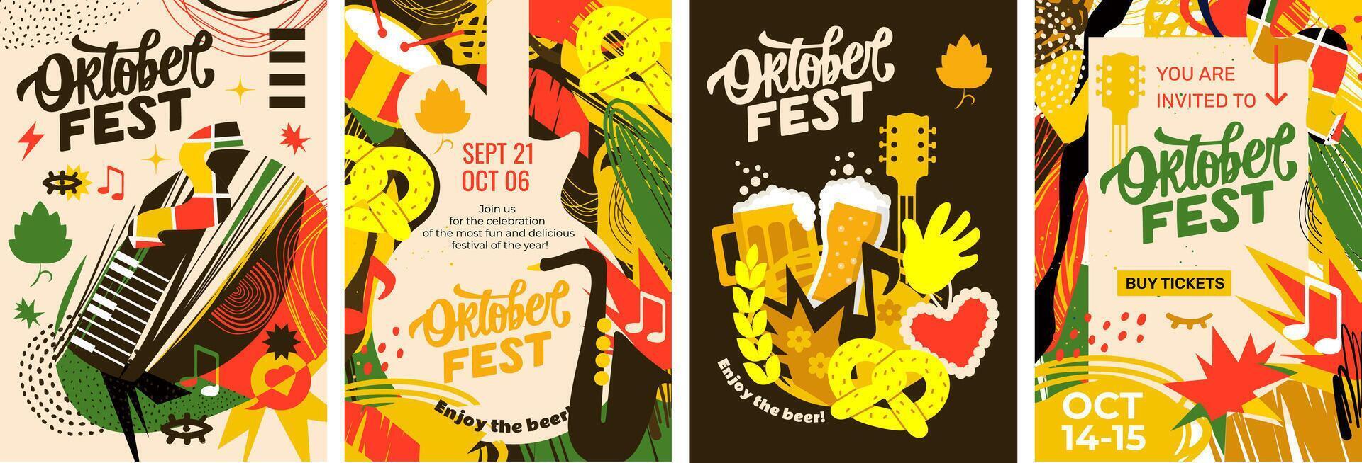 4 abstract posters for Oktoberfest. Fall colors, beer mugs, pretzels, musical instruments and lots of beer. A4 templates perfect for promoting this event. vector
