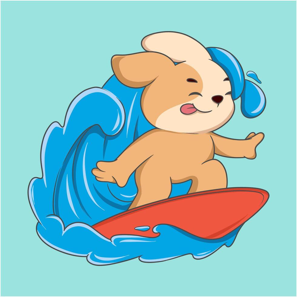 cartoon dog is surfing on a red surfboard in the ocean vector