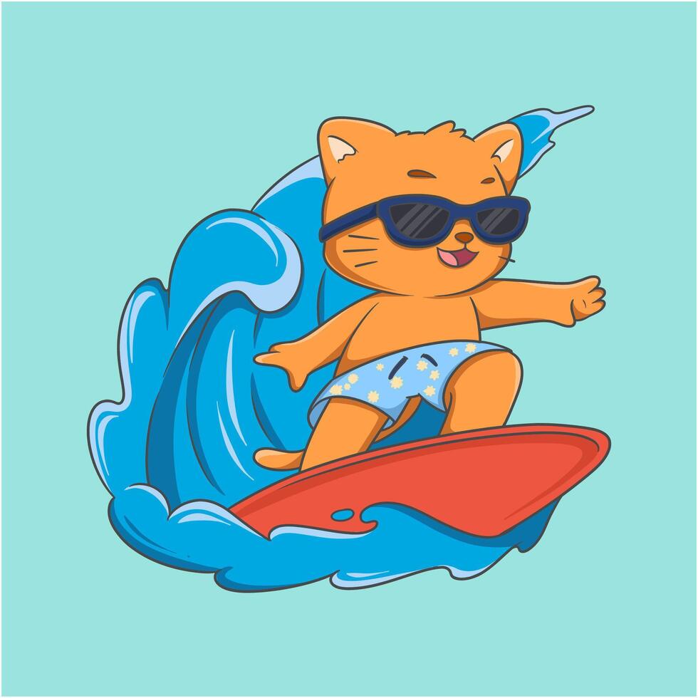 cartoon cat is surfing on a red surfboard in the ocean vector