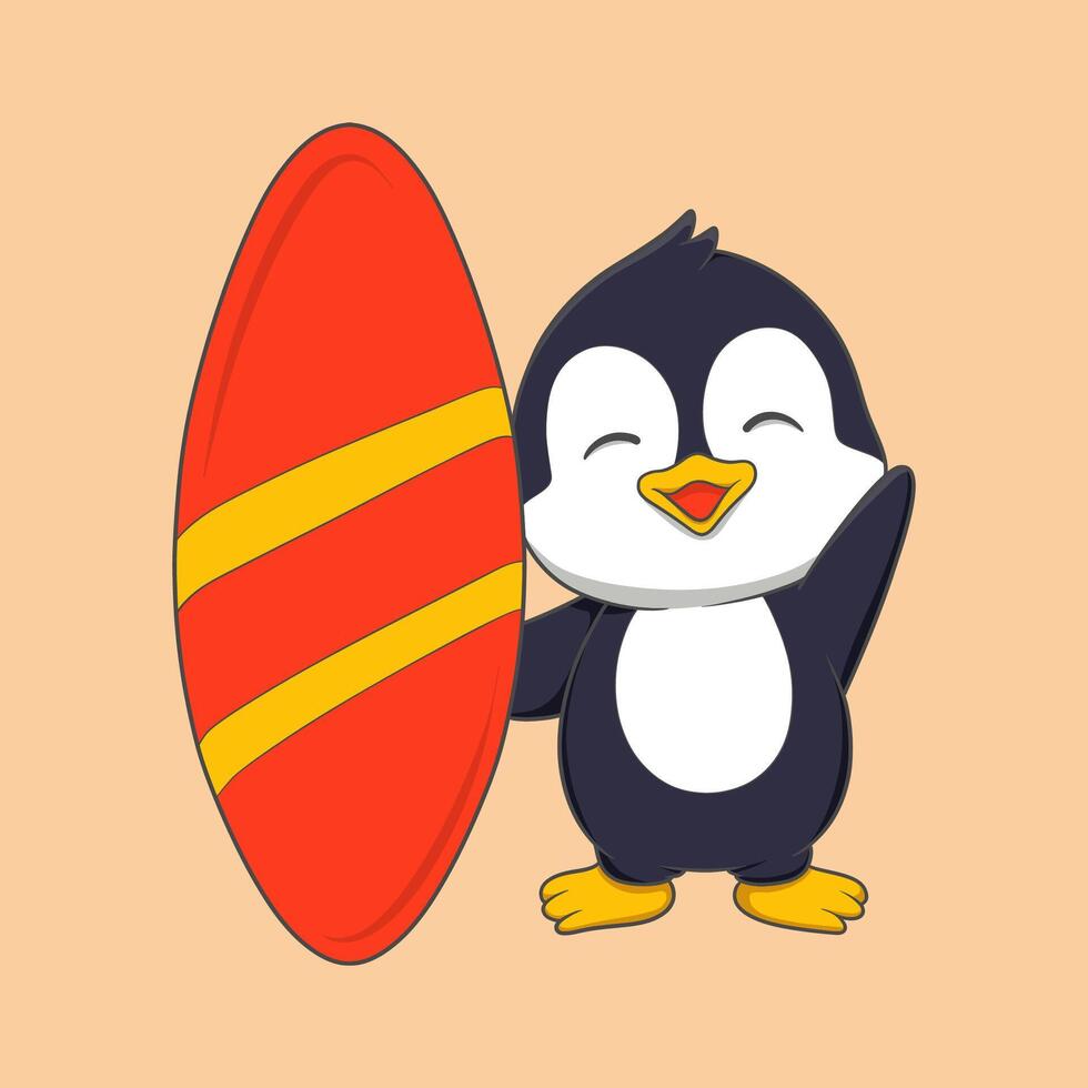 cartoon penguin is holding a red surfboard vector