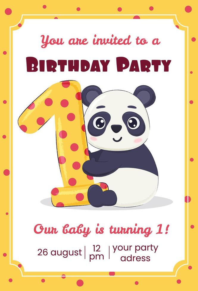 Birthday party invitation with cute panda character. 1st year child celebration postcard. vector
