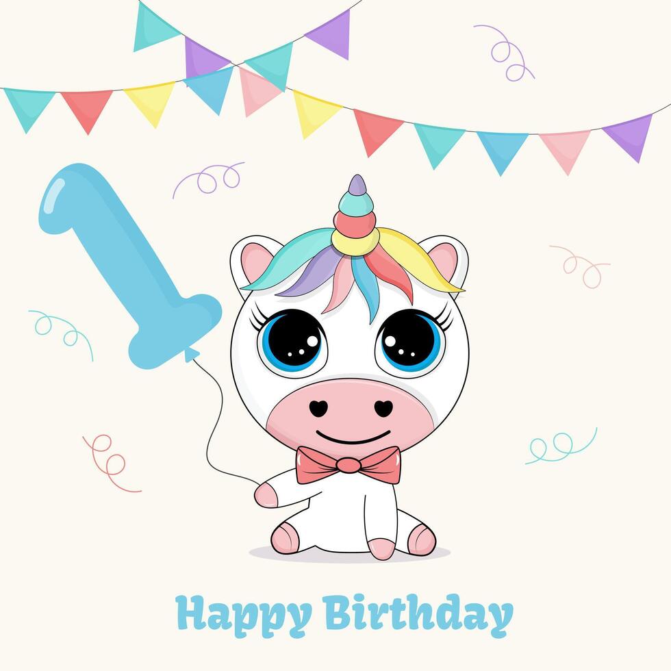 Baby first year birthday greeting card with cute unicorn character. Child party invitation concept. vector