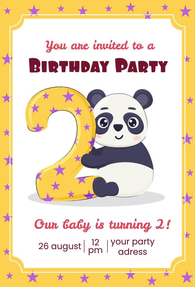 Birthday card with panda. Child birthday party invitation concept. Second year of birth greeting card template. vector