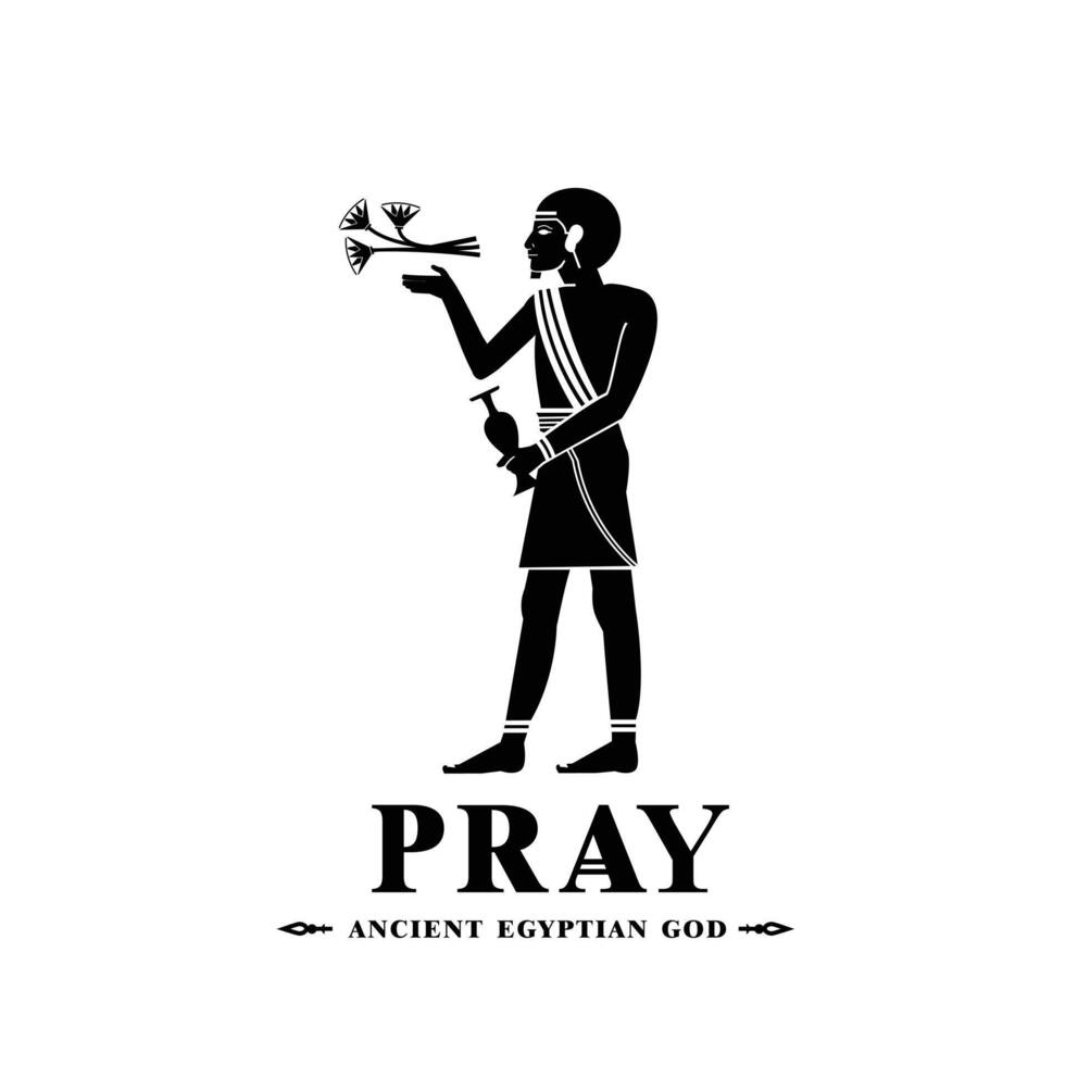 Silhouette of an ancient Egyptian pray, an illustration of a person on a papyrus painting and a pyramid wall of the hieroglyphic culture vector