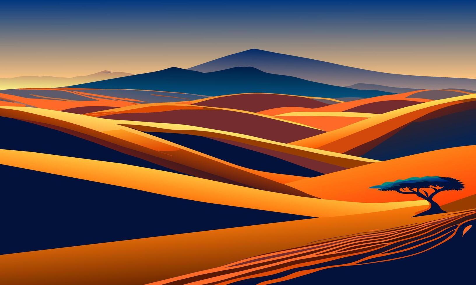 Bright landscape with a lonely bush in the desert dunes, illustration. vector