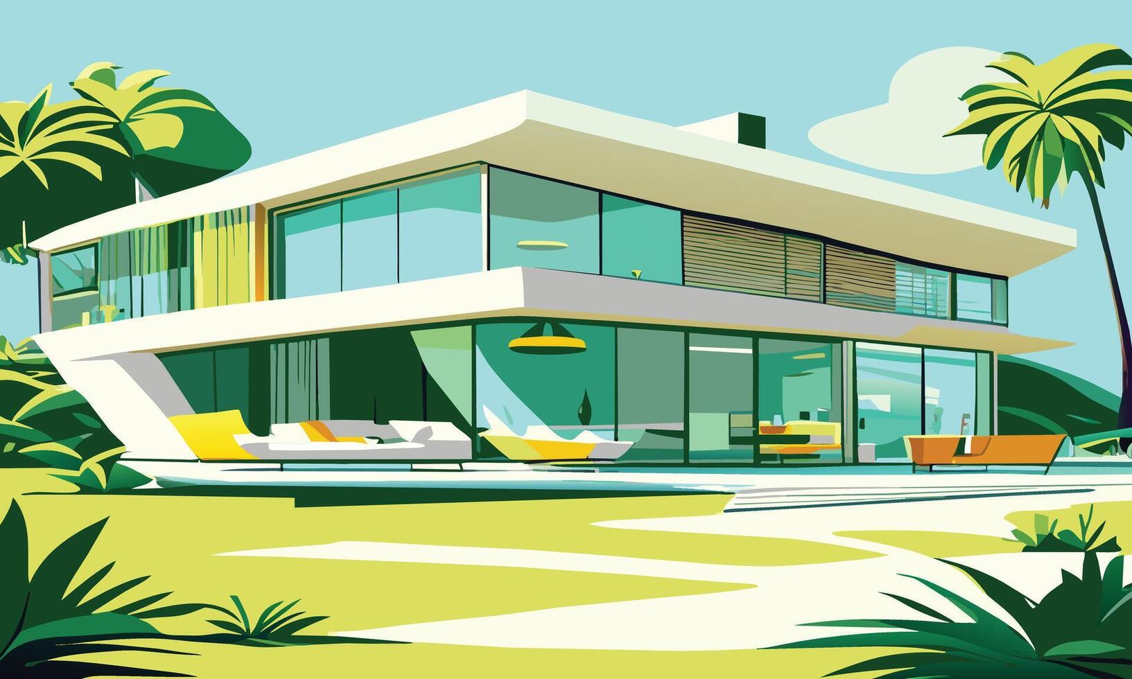 Landscape in green and blue tones with a white modern villa on the sand. graphics vector