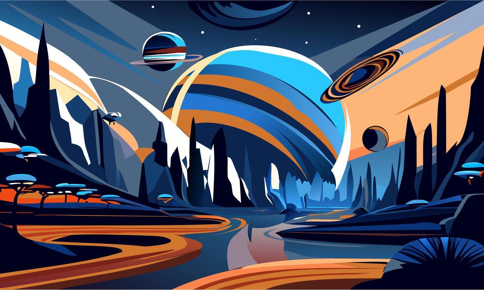 Abstract retro poster with space alien landscape. vector