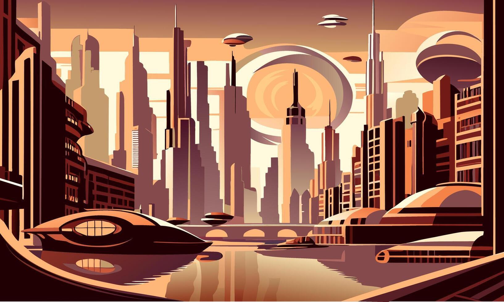 Futuristic space cityscape with a view from an open window. vector