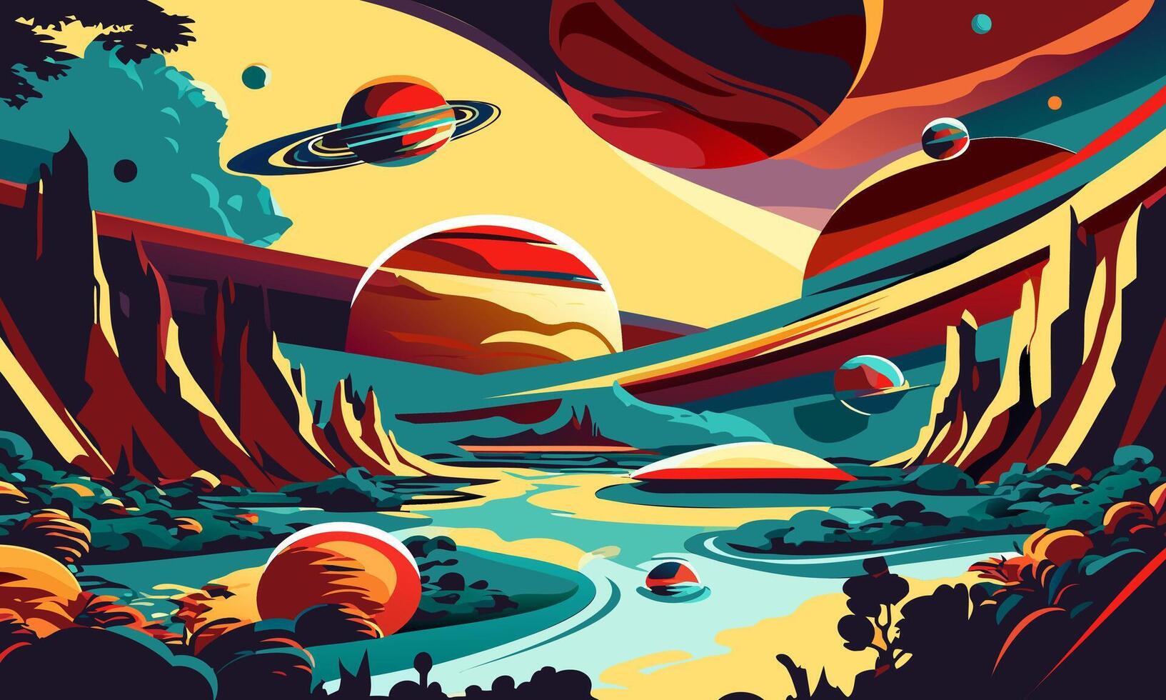 Alien landscape on the theme of planetary objects on a beautiful rocky surface. vector