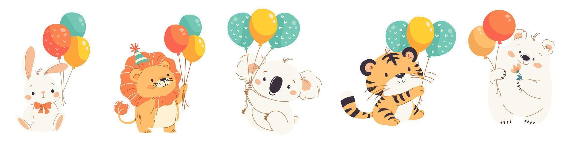 set illustration for birthday. Cute animals panda, polar bear, lion, cat, tiger and panda with balloons and confetti on white background vector