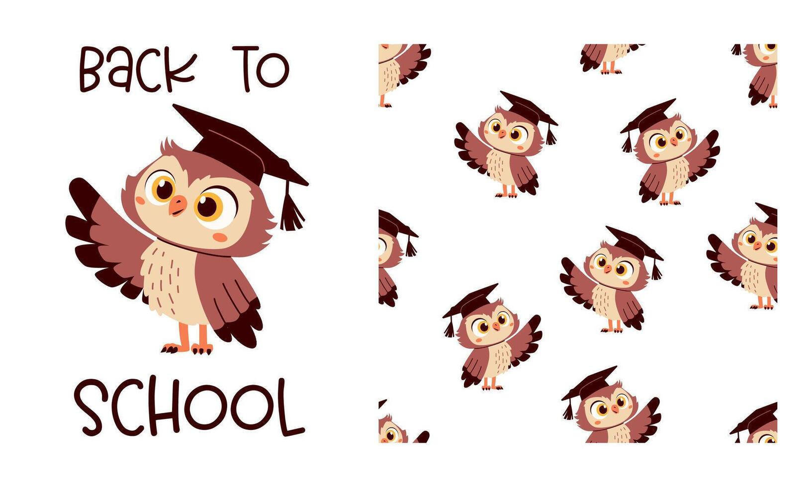 Set of flat illustrations. Cute owl wearing graduation cap and back to school caption. Seamless pattern vector