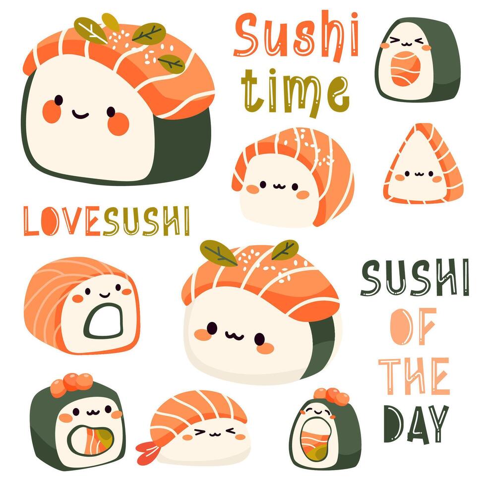 PrintCute set of sushi and rolls. Japanese food with positive faces. Funny inscriptions about food and sushi. Printable prints vector