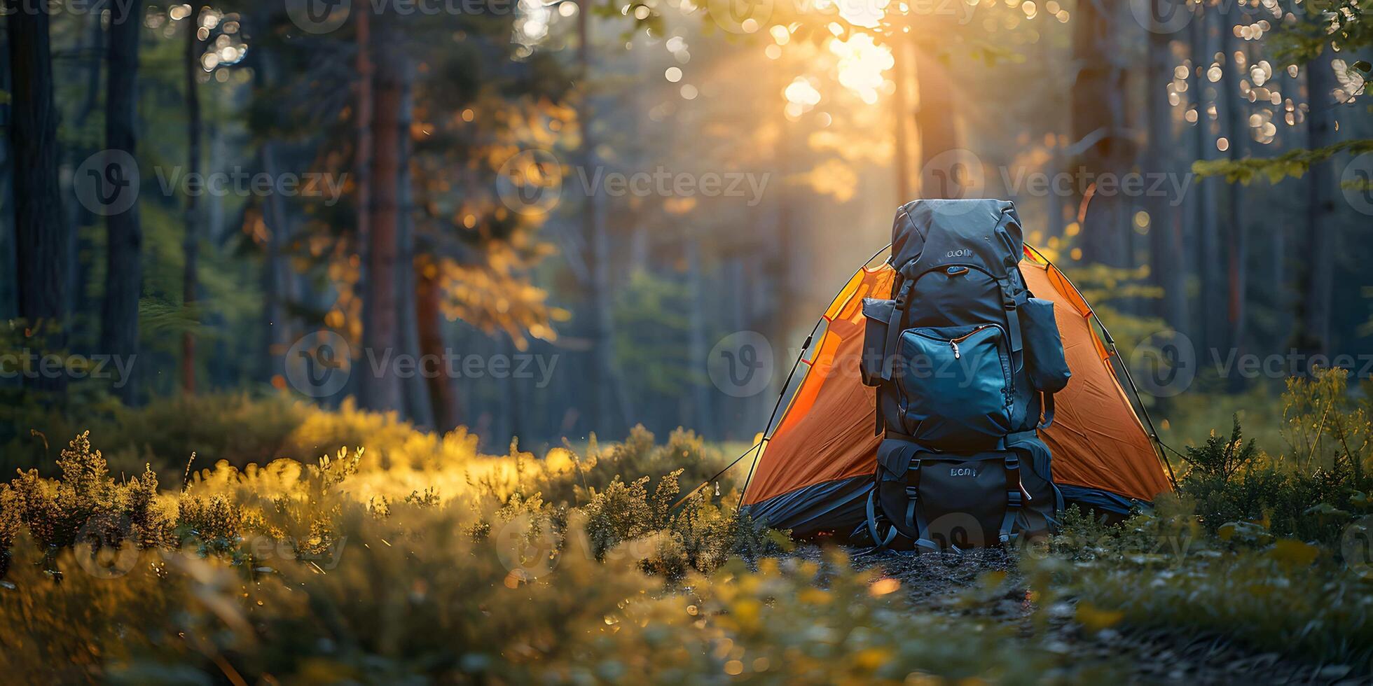 Backpack with tourist tent on the wild nature background. Hiking and camping equipment in the forest, travel concept. Panoramic view with copy space. photo