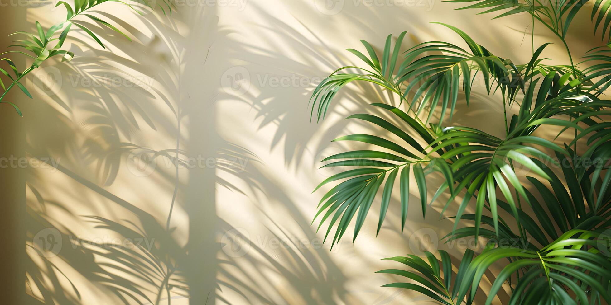 Tropical palm leaves foliage with sunlight shadows on light cream wall. Minimalistic abstract beautiful blurred summer or spring background mockup for product presentation. photo