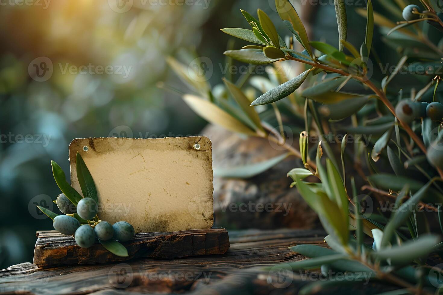 Empty rectangle label mockup with olive branches. Blank price, gift, sale, designation, medicine, cosmetics, title or gift tag template on dark background. photo
