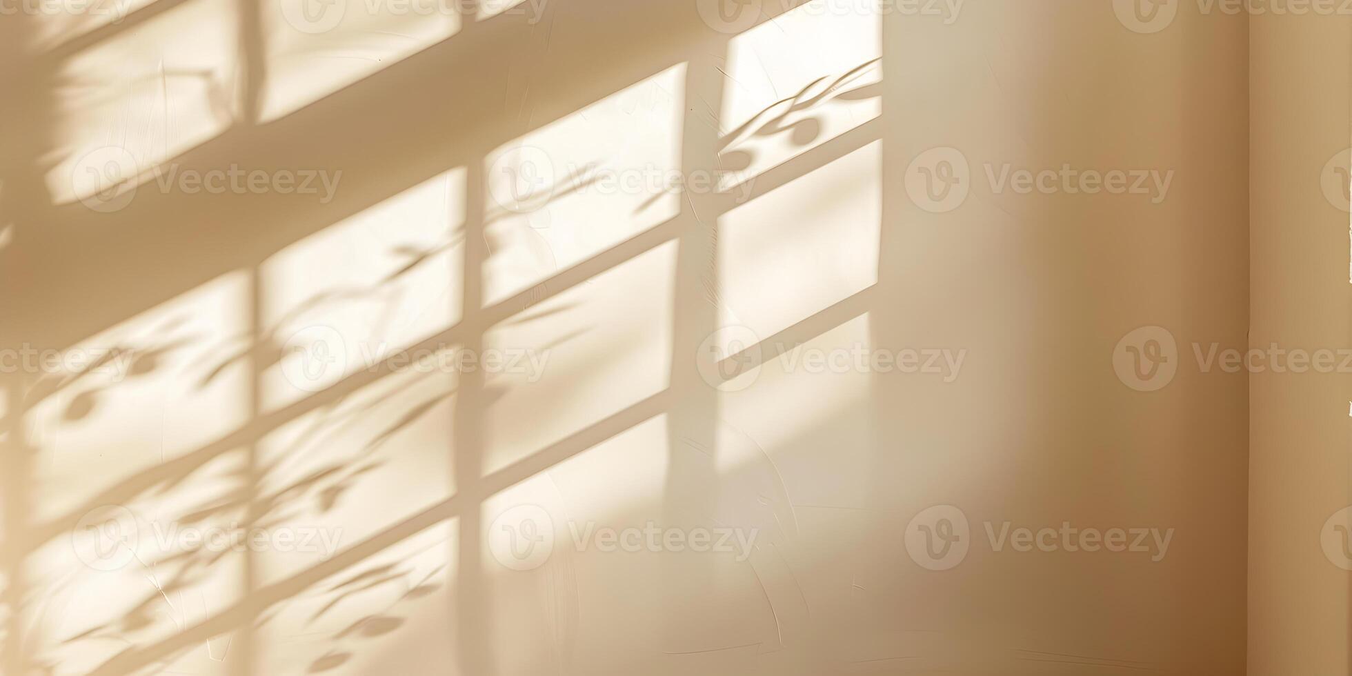Minimalistic abstract empty beige, cream stone wall mockup background for product presentation. Neutral industrial interior with light and foliage shadow from window. photo
