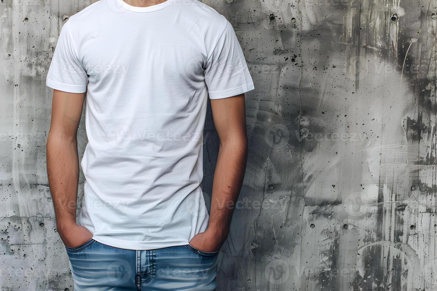 Young man wearing bella canvas white shirt mockup, at gray concrete, stone background. Design tshirt template, print presentation mock-up. photo
